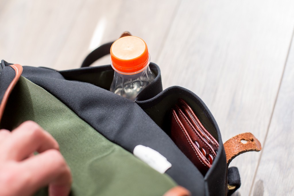 The front pockets fit a small bottle of water and your wallet.